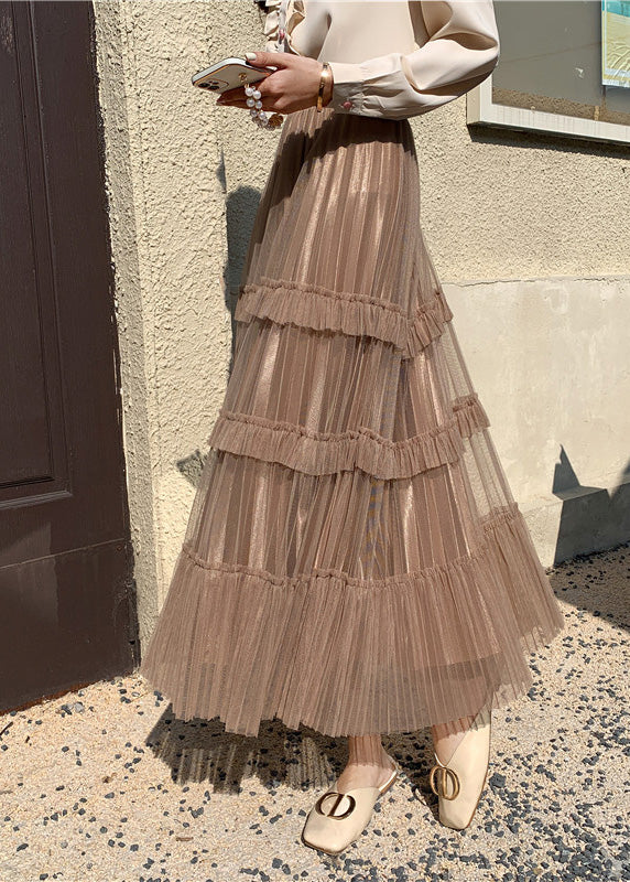 Khaki High Waist Wrinkled Tulle Cake Skirt Spring