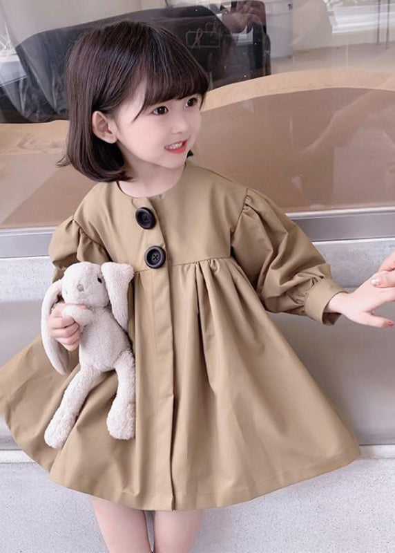 Khaki O-neck Patchwork Kids Mid Dresses Fall
