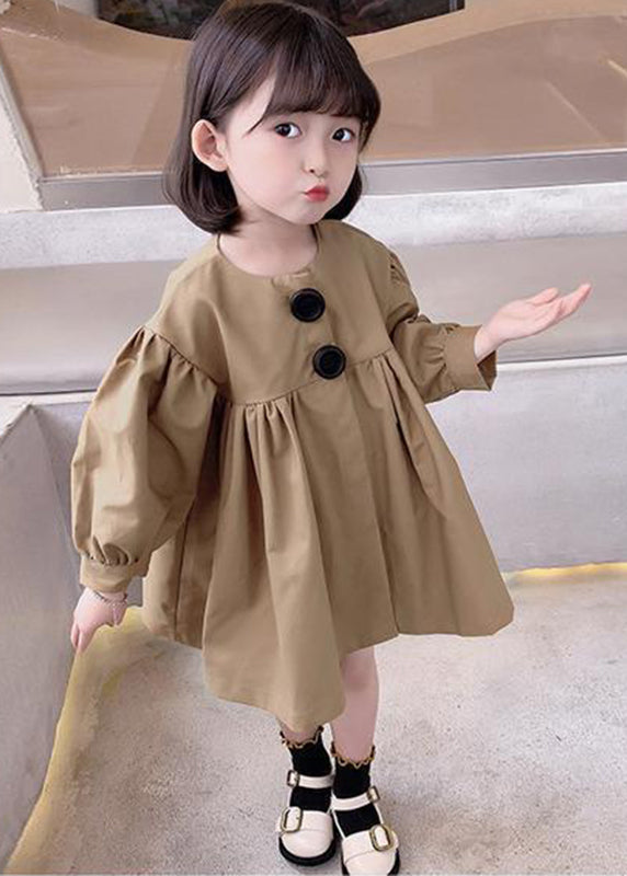 Khaki O-neck Patchwork Kids Mid Dresses Fall