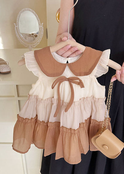 Khaki Peter Pan Collar Ruffled Chiffon Kids Dress Summer