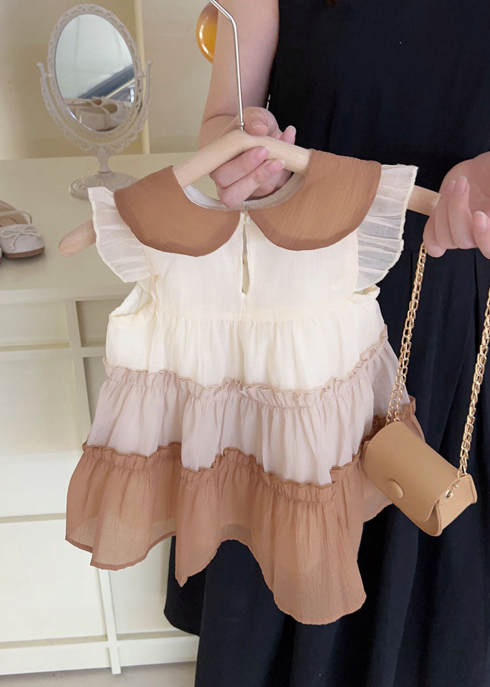 Khaki Peter Pan Collar Ruffled Chiffon Kids Dress Summer