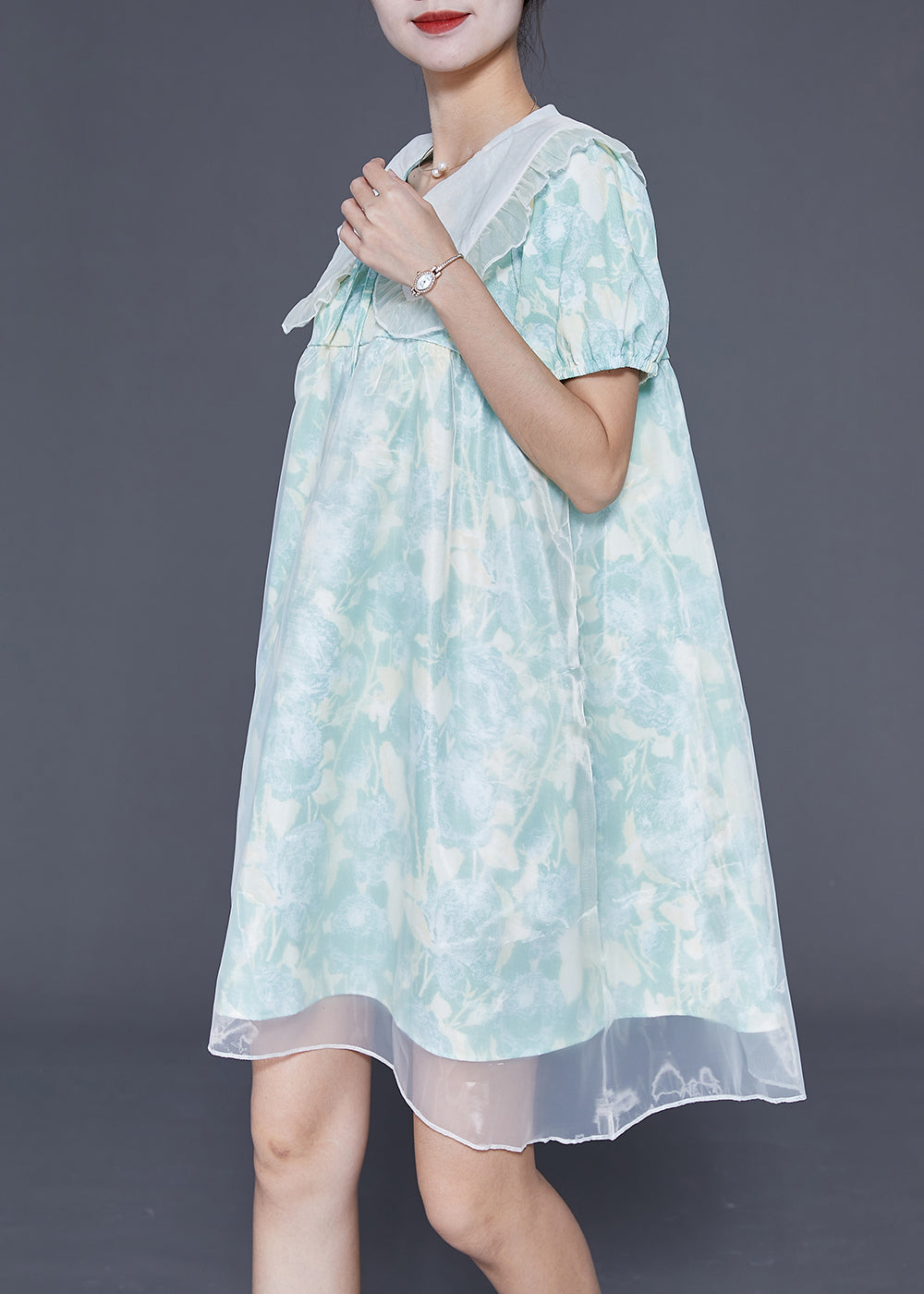 Light Blue Bow Collar Print Tulle a Line Dress Summer