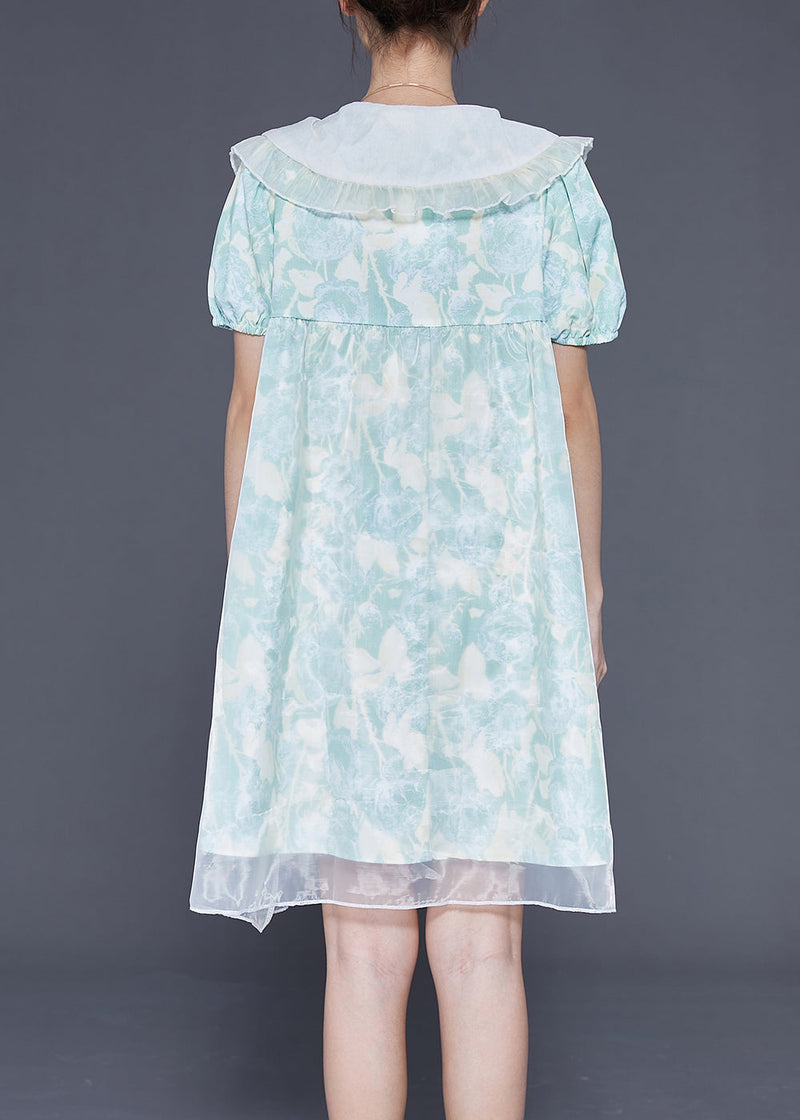 Light Blue Bow Collar Print Tulle a Line Dress Summer