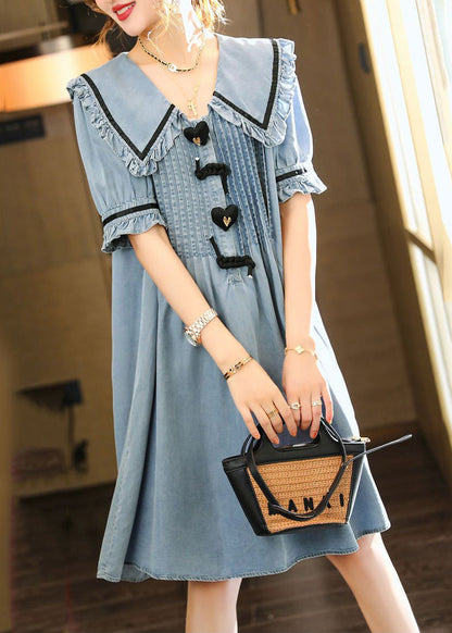 Light Blue Peter Pan Collar Wrinkled Cotton Denim Dress Summer