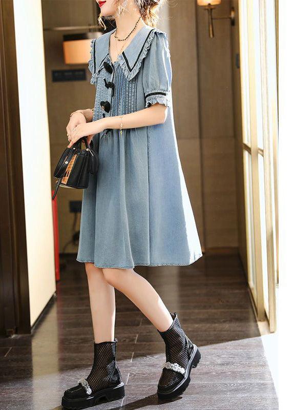 Light Blue Peter Pan Collar Wrinkled Cotton Denim Dress Summer