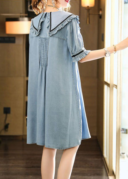 Light Blue Peter Pan Collar Wrinkled Cotton Denim Dress Summer