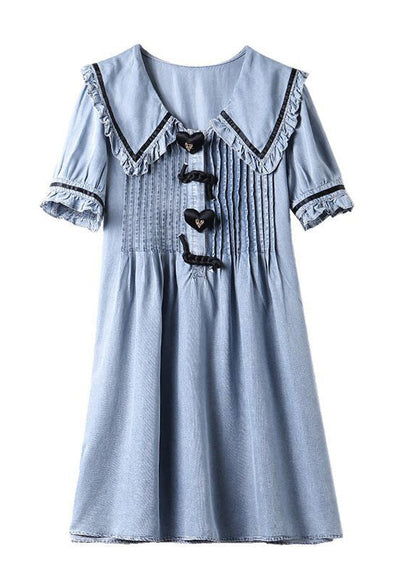 Light Blue Peter Pan Collar Wrinkled Cotton Denim Dress Summer