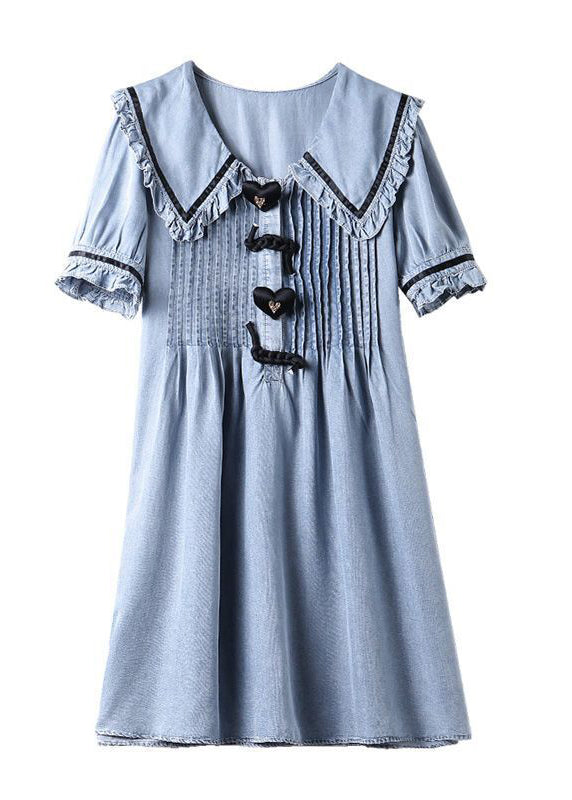 Light Blue Peter Pan Collar Wrinkled Cotton Denim Dress Summer