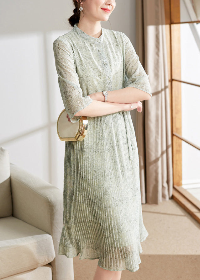 Light Green Print Button Tie Waist Chiffon Holiday Maxi Dress Summer