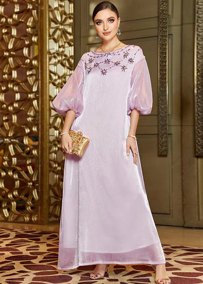 Light Purple O-neck Zircon Tulle Holiday Long Dress Lantern Sleeve