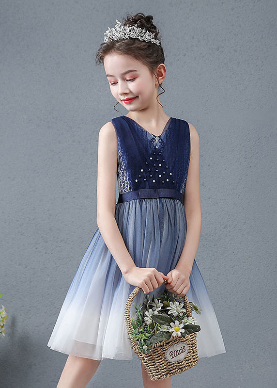 Navy V Neck Nail Bead Gradient Color Tulle Baby Maxi Dress Summer