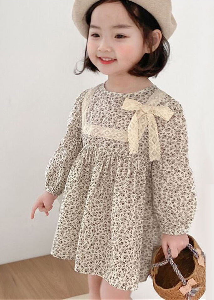 O-neck Print Lace Patchwork Bow Mid Dress Long Sleeve