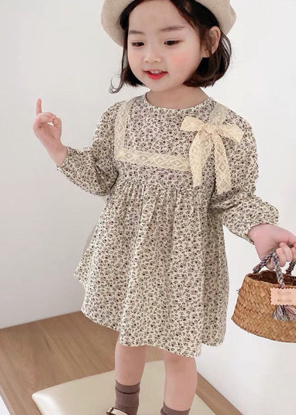O-neck Print Lace Patchwork Bow Mid Dress Long Sleeve