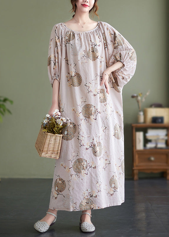 O-neck Print Wrinkled Holiday Maxi Dress Puff Sleeve