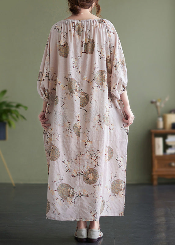 O-neck Print Wrinkled Holiday Maxi Dress Puff Sleeve