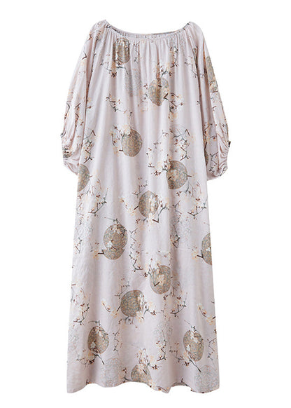 O-neck Print Wrinkled Holiday Maxi Dress Puff Sleeve