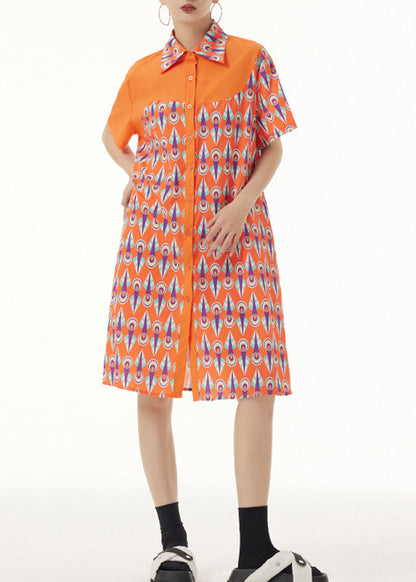 Orange Peter Pan Collar Print Button Mid Dresses Short Sleeve