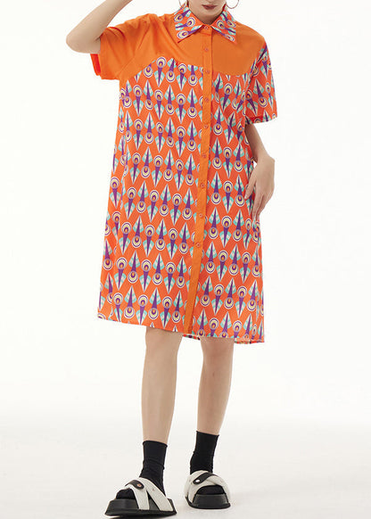 Orange Peter Pan Collar Print Button Mid Dresses Short Sleeve