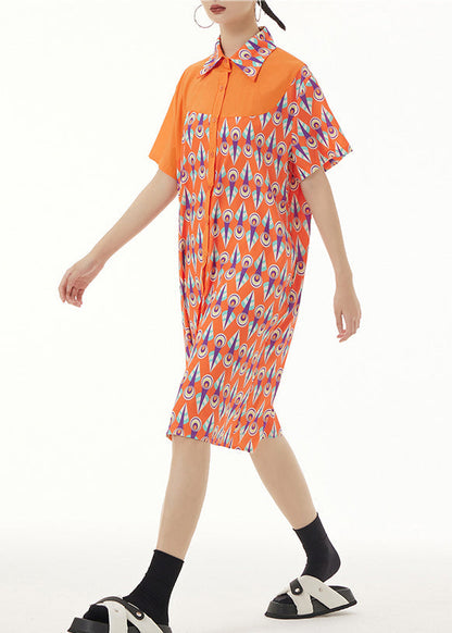 Orange Peter Pan Collar Print Button Mid Dresses Short Sleeve