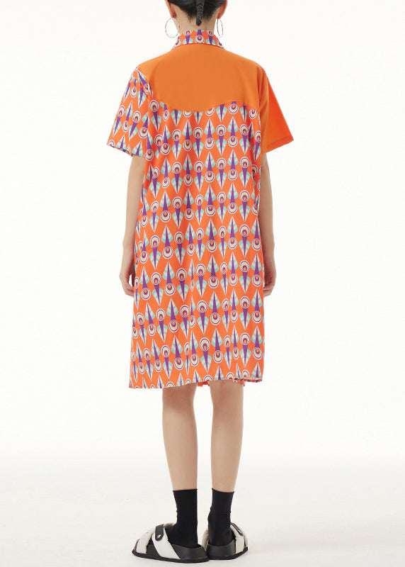 Orange Peter Pan Collar Print Button Mid Dresses Short Sleeve