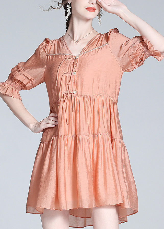 Orange V Neck Patchwork Button Silk Mid Dress Summer