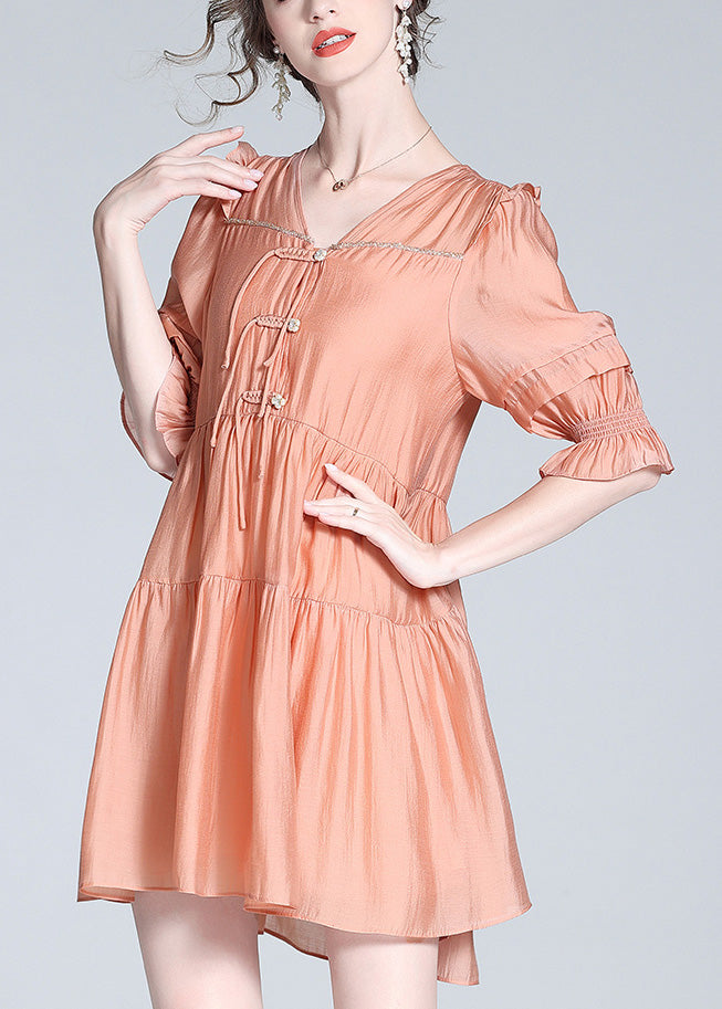 Orange V Neck Patchwork Button Silk Mid Dress Summer