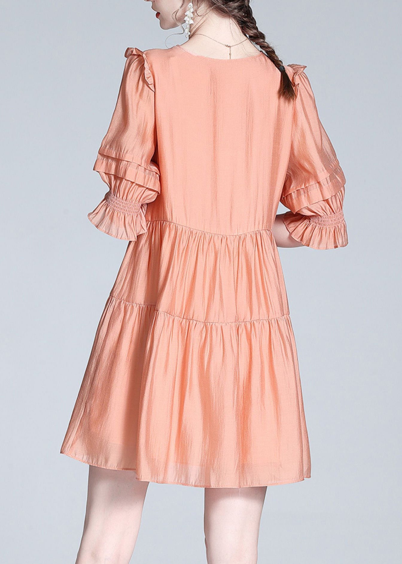 Orange V Neck Patchwork Button Silk Mid Dress Summer
