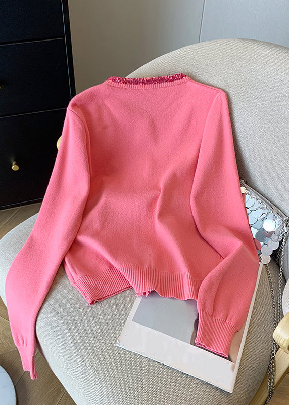 Pink Embroidered Sequins Cotton Knit Cardigans Spring
