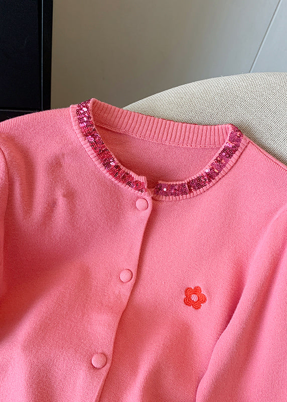 Pink Embroidered Sequins Cotton Knit Cardigans Spring