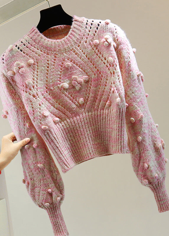 Pink Embroidered Hollow Out Cotton Knit Sweater Winter