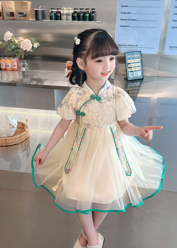 Pink Embroideried Chinese Button Patchwork Tulle Baby Dresses Summer