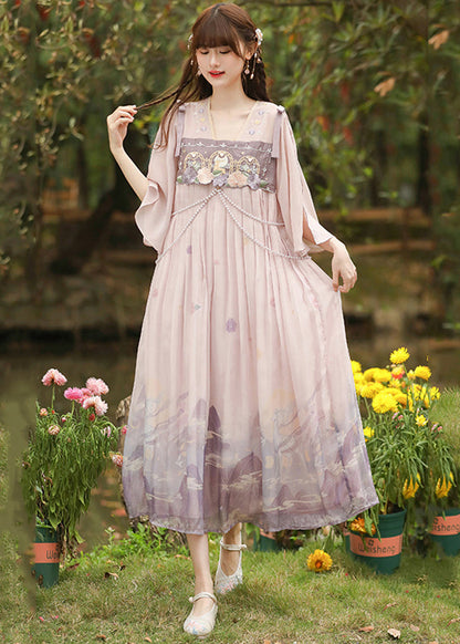 Pink Embroideried Wrinkled Patchwork Chiffon Dress Half Sleeve