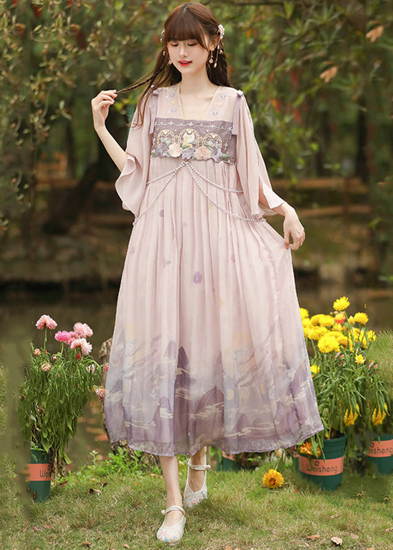 Pink Embroideried Wrinkled Patchwork Chiffon Dress Half Sleeve