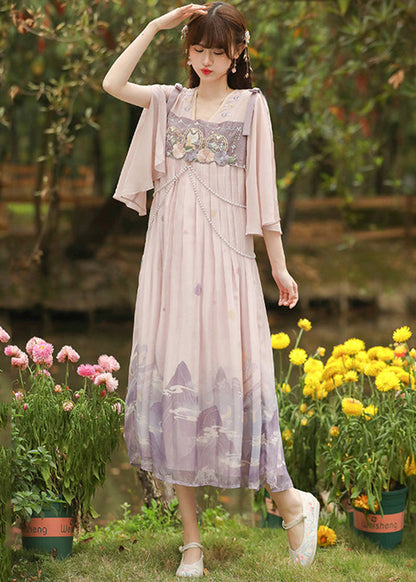 Pink Embroideried Wrinkled Patchwork Chiffon Dress Half Sleeve