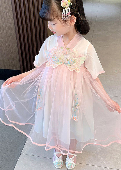 Pink Embroideried Wrinkled Patchwork Tulle Baby Dress Summer