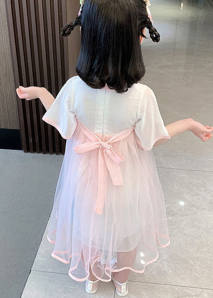 Pink Embroideried Wrinkled Patchwork Tulle Baby Dress Summer