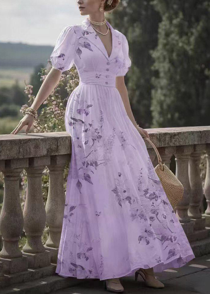 Pink Notched Print Tunic Long Dress Lantern Sleeve