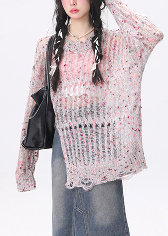 Pink O-neck Asymmetrical Hollow Out Cozy Knit Sweater Long Sleeve