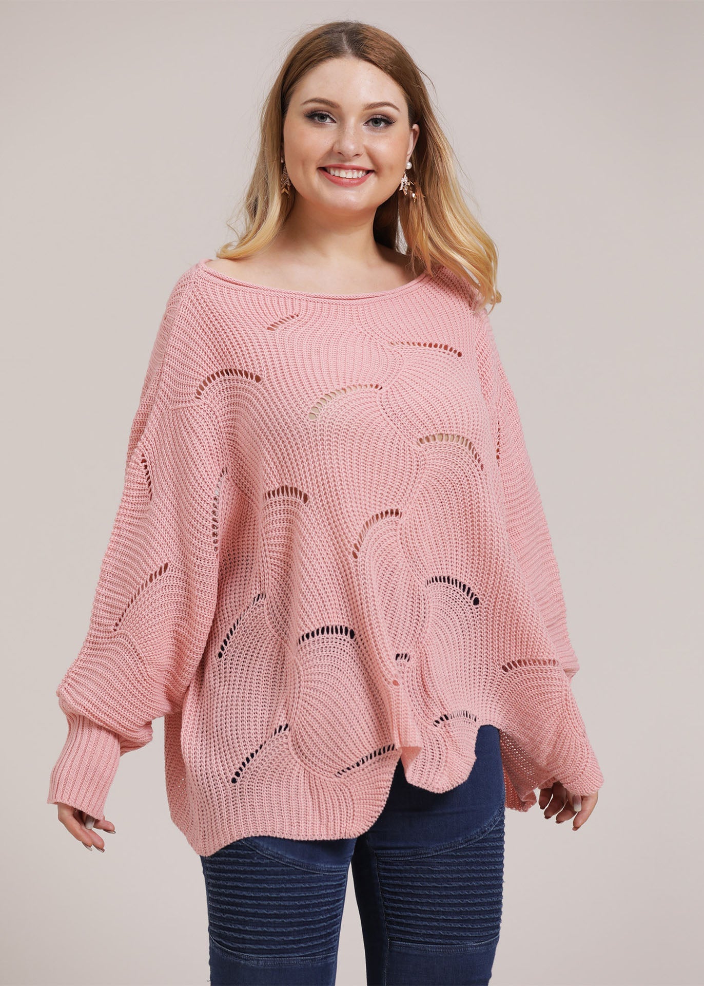 Pink O-neck Asymmetrical Hollow Out Knit Sweater Fall