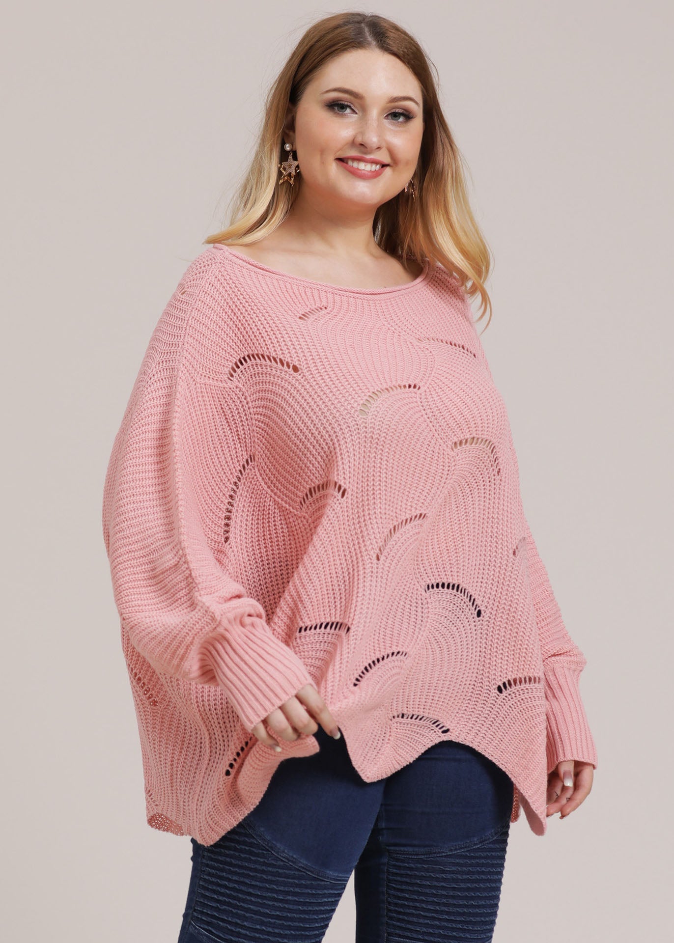 Pink O-neck Asymmetrical Hollow Out Knit Sweater Fall