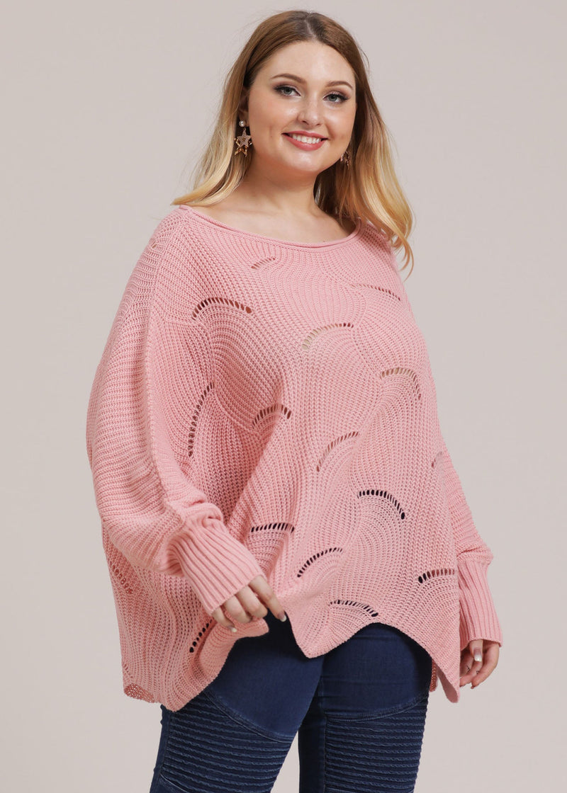 Pink O-neck Asymmetrical Hollow Out Knit Sweater Fall