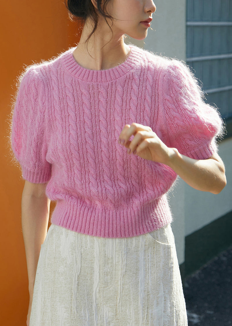 Pink O-neck Cable Knit Woolen Sweater Fall