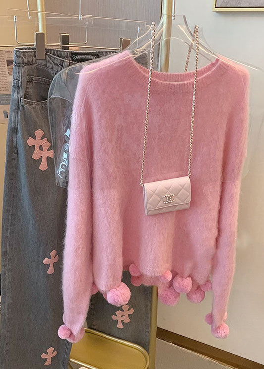 Pink O-neck Fuzzy Ball Decorated Warm Cotton Knit Sweaters Long Sleeve