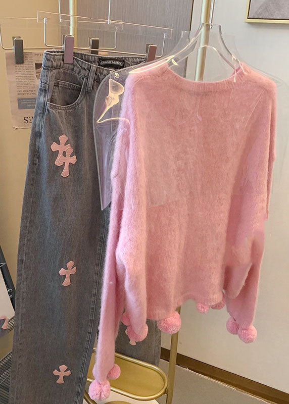 Pink O-neck Fuzzy Ball Decorated Warm Cotton Knit Sweaters Long Sleeve