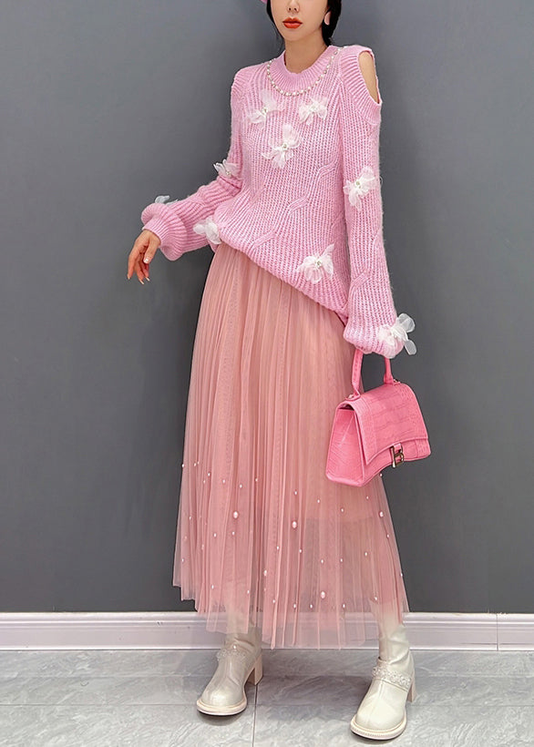 Pink O-neck Knit Top and Tulle Maxi Skirts Two Pieces Set Fall