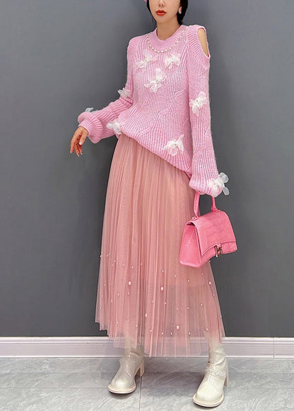 Pink O-neck Knit Top and Tulle Maxi Skirts Two Pieces Set Fall