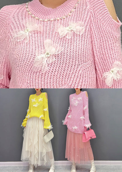 Pink O-neck Knit Top and Tulle Maxi Skirts Two Pieces Set Fall