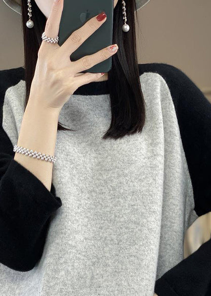 Pink O-neck Patchwork Wool Knit Sweaters Top Fall