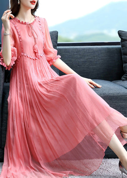 Pink O-neck Patchwork Wrinkled Silk Maxi Dress Summer