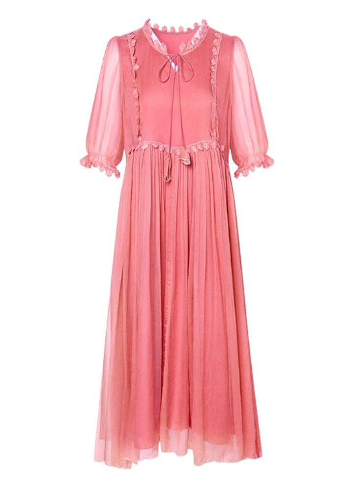 Pink O-neck Patchwork Wrinkled Silk Maxi Dress Summer